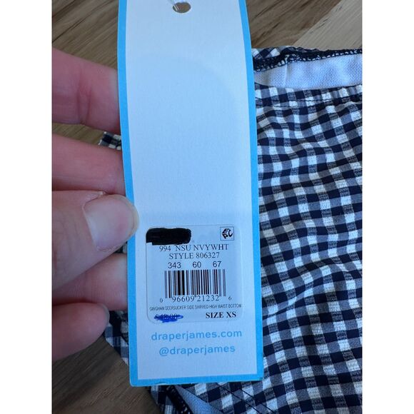 NWT Draper James Navy Gingham Seersucker Side Shirred High Waist Bikini Bottom - Picture 3 of 7